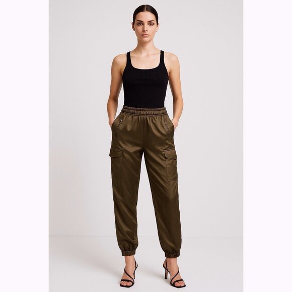 Zara Womens Satin Cargo Jogger Pants XL Olive Green Glam Utility Y2K Whimsigoth - Picture 1 of 9